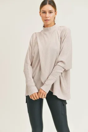 Mock Neck Overlay Waffled Top - NATURAL