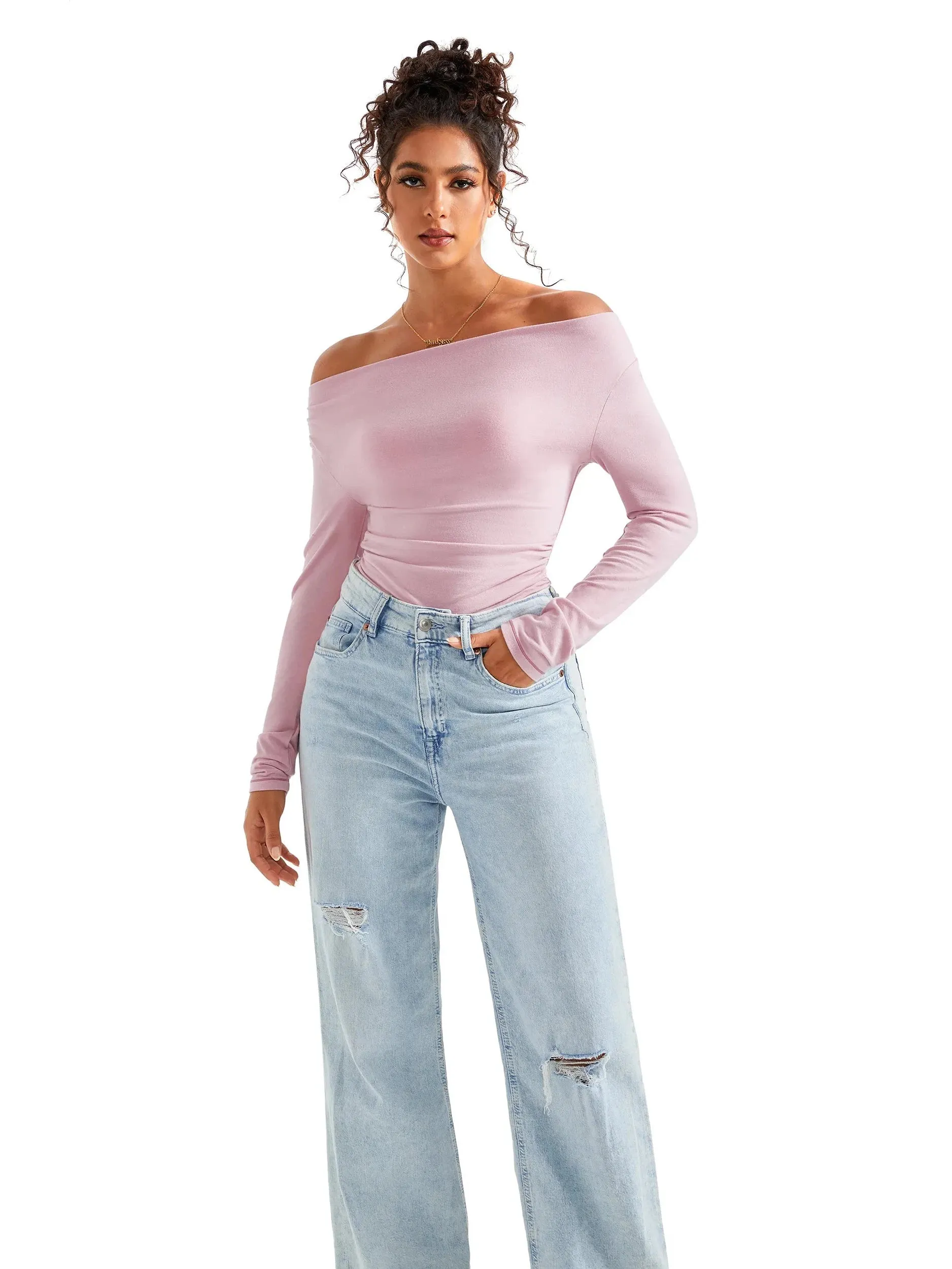 Off Shoulder Cowl Neck Shirt - Long Sleeve