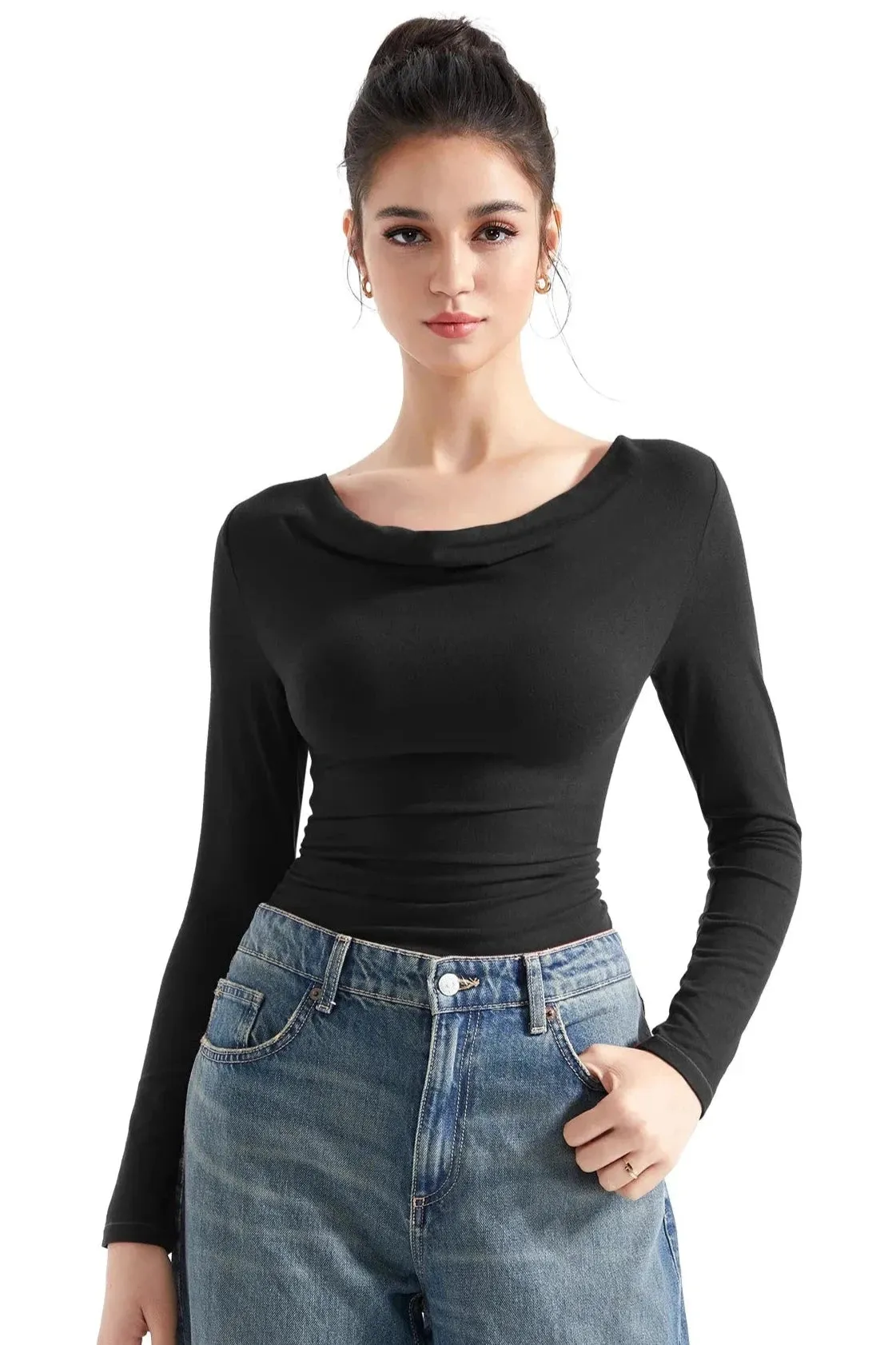 Off Shoulder Cowl Neck Shirt - Long Sleeve