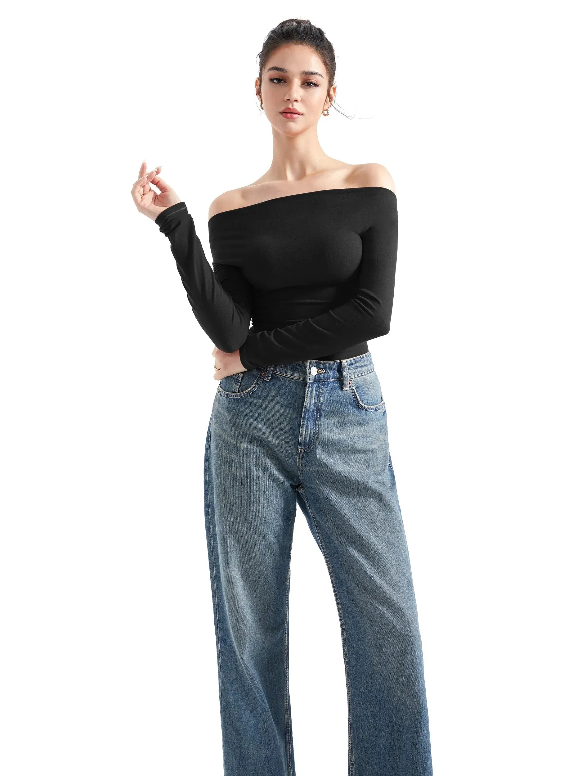 Off Shoulder Cowl Neck Shirt - Long Sleeve