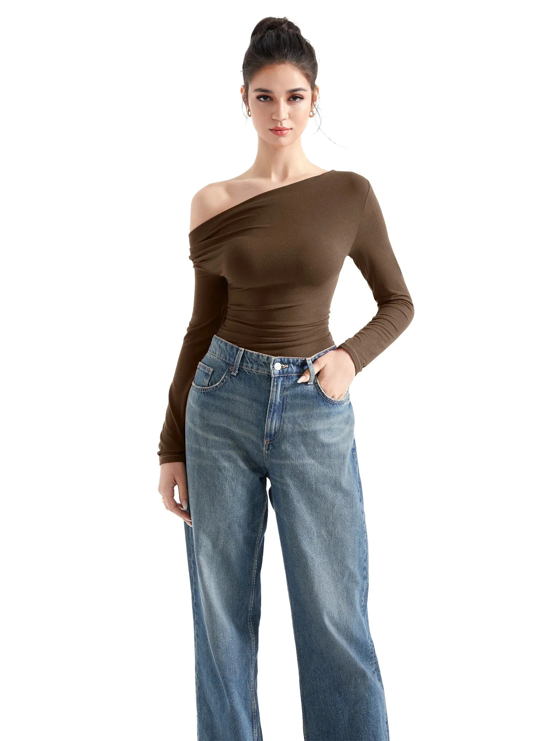 Off Shoulder Cowl Neck Shirt - Long Sleeve