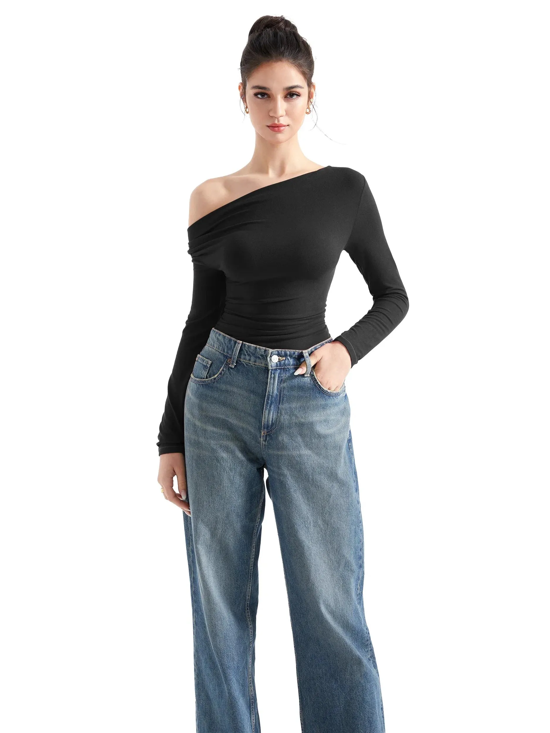 Off Shoulder Cowl Neck Shirt - Long Sleeve