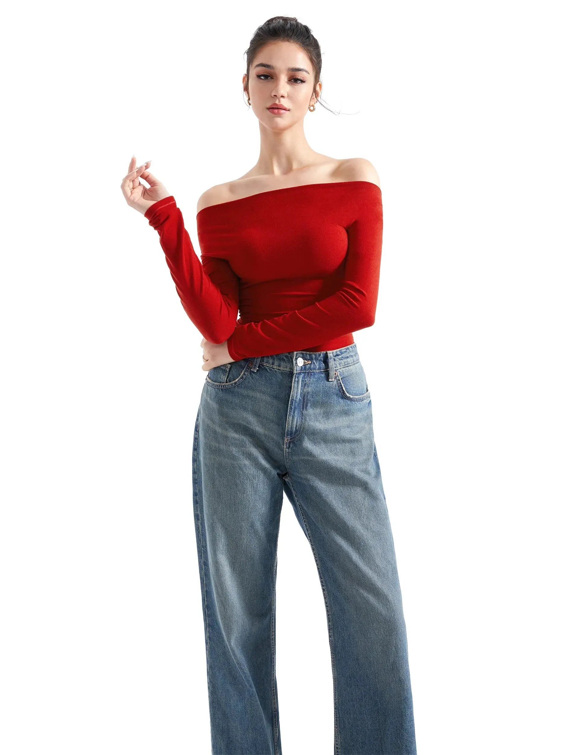 Off Shoulder Cowl Neck Shirt - Long Sleeve