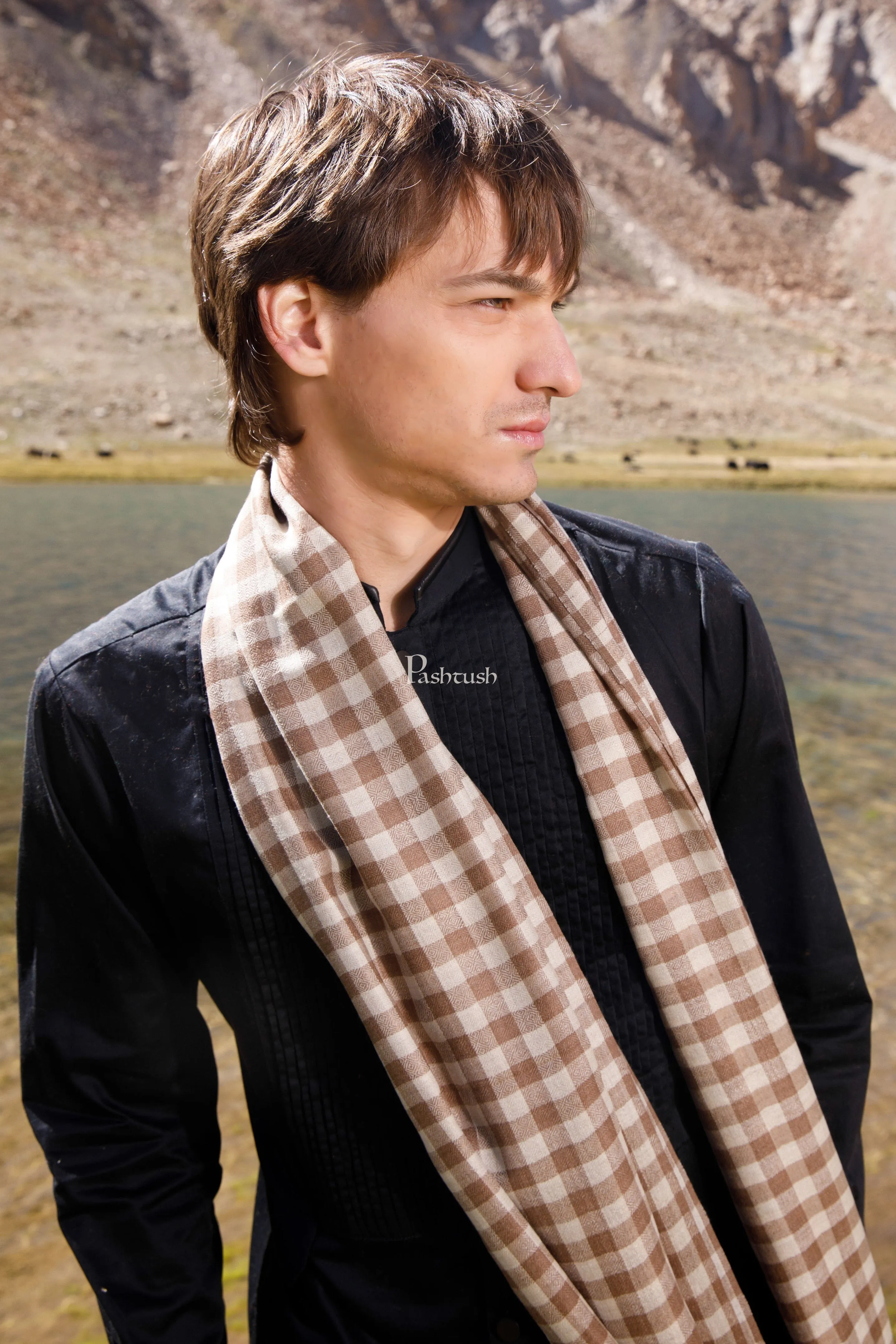 Pashtush Mens Extra Fine Wool Shawl, Soft Checkered Weave Design, Taupe