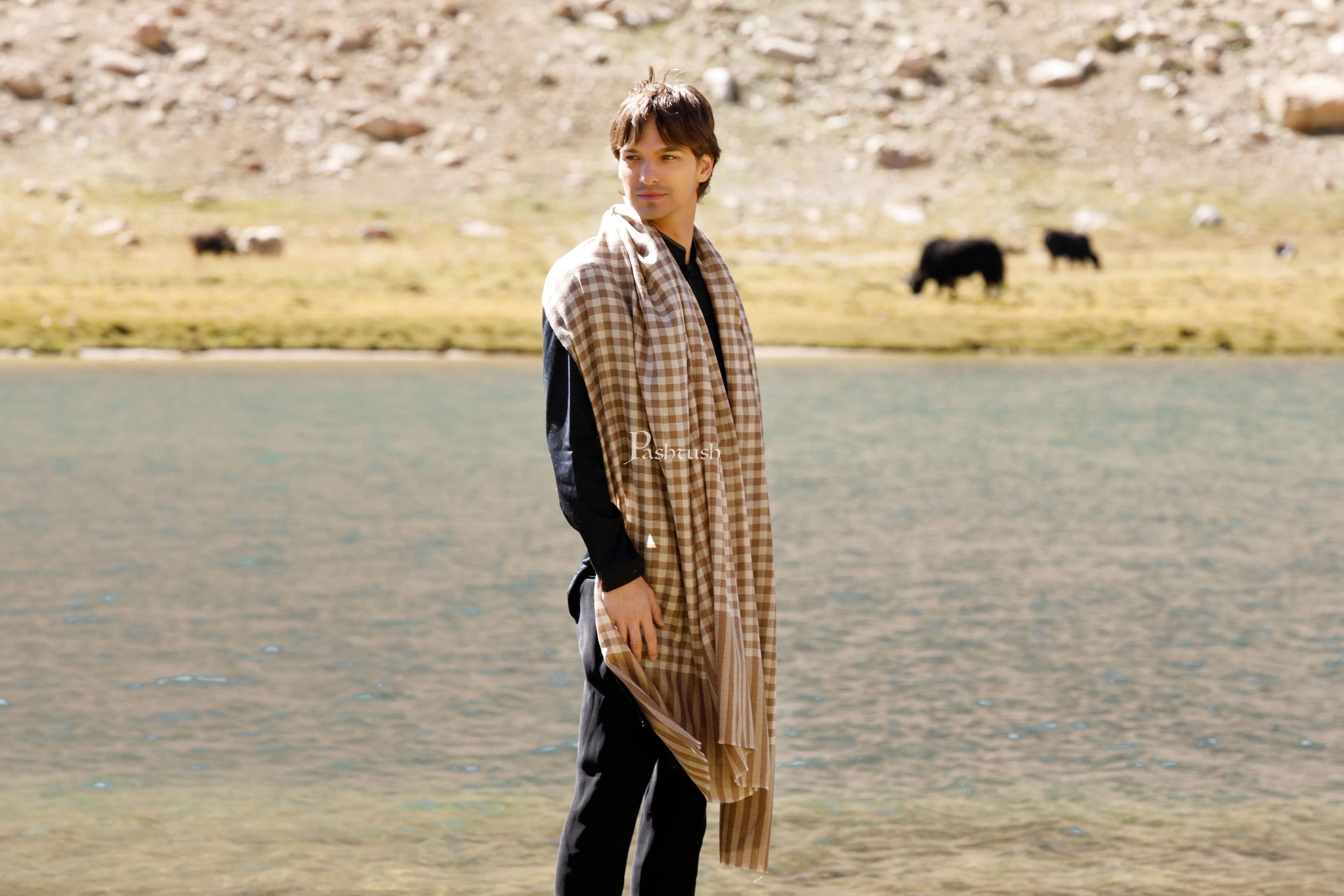 Pashtush Mens Extra Fine Wool Shawl, Soft Checkered Weave Design, Taupe