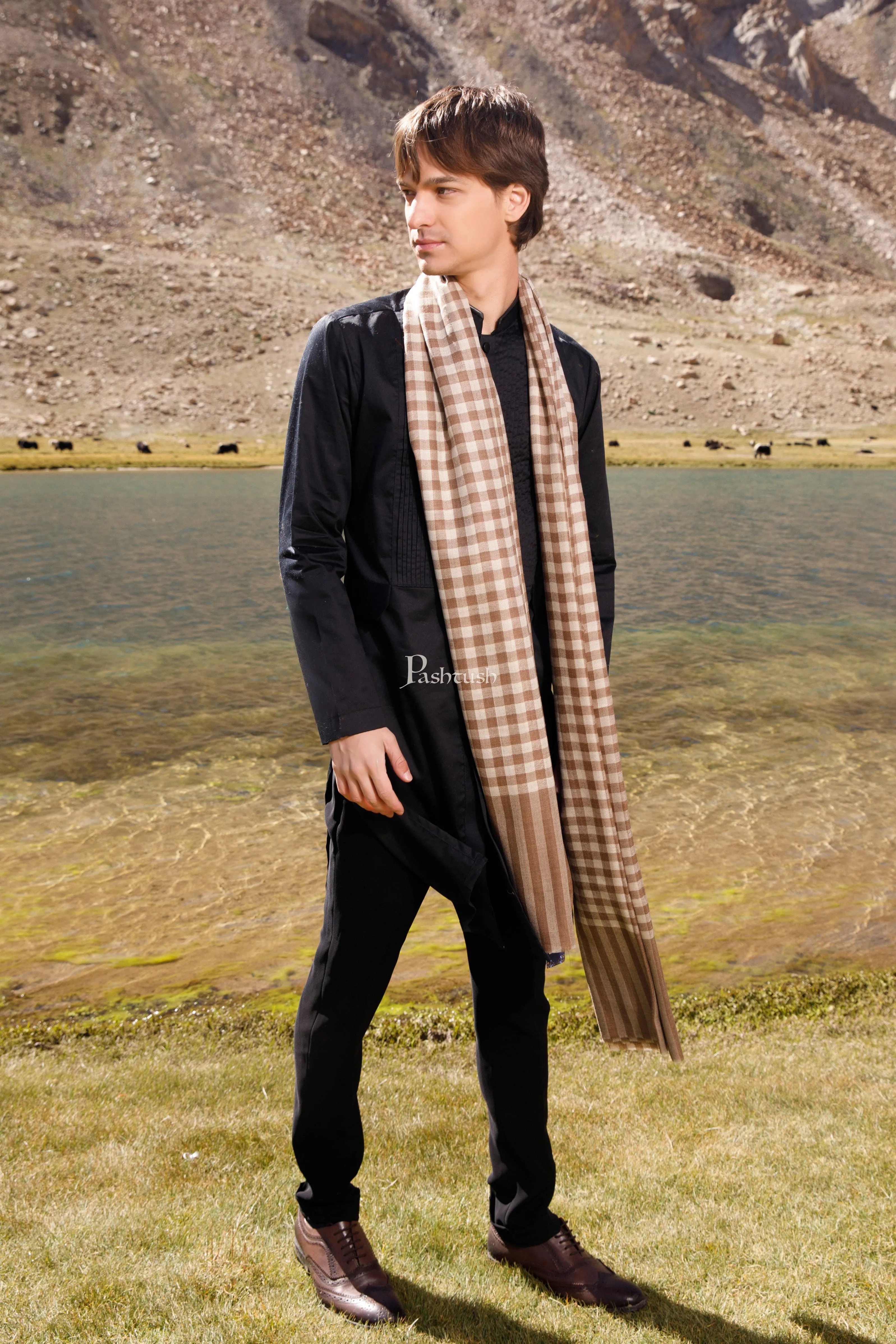 Pashtush Mens Extra Fine Wool Shawl, Soft Checkered Weave Design, Taupe