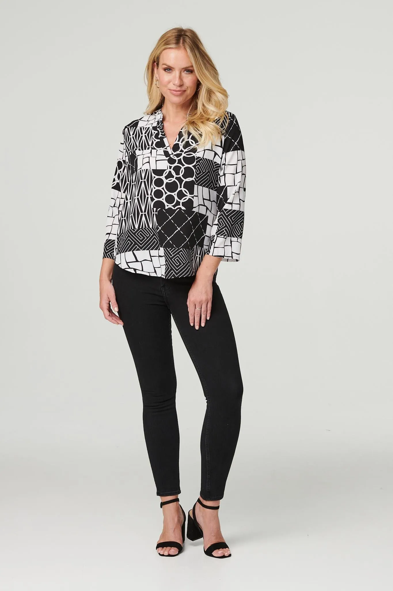 Patchwork Print Collarless Blouse