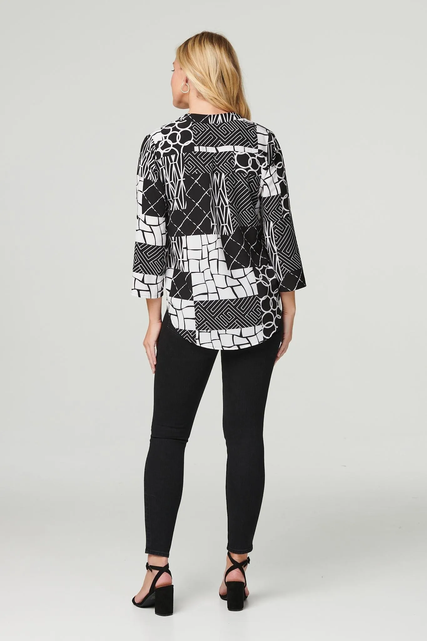 Patchwork Print Collarless Blouse