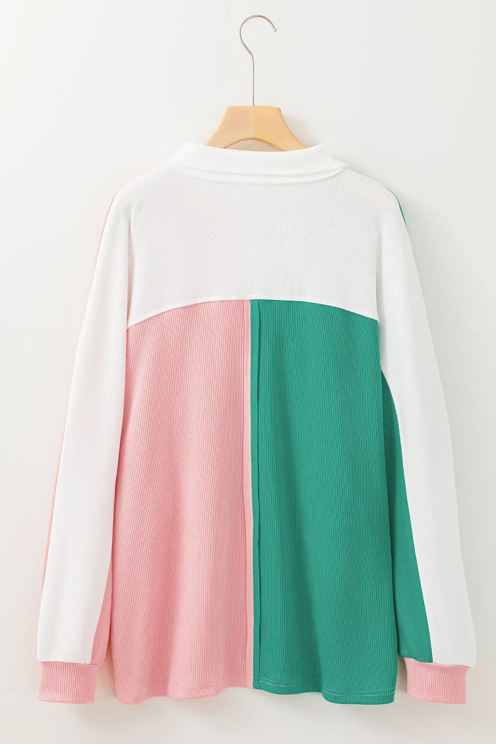 Pink Colorblock Ribbed Collared Oversized Sweatshirt