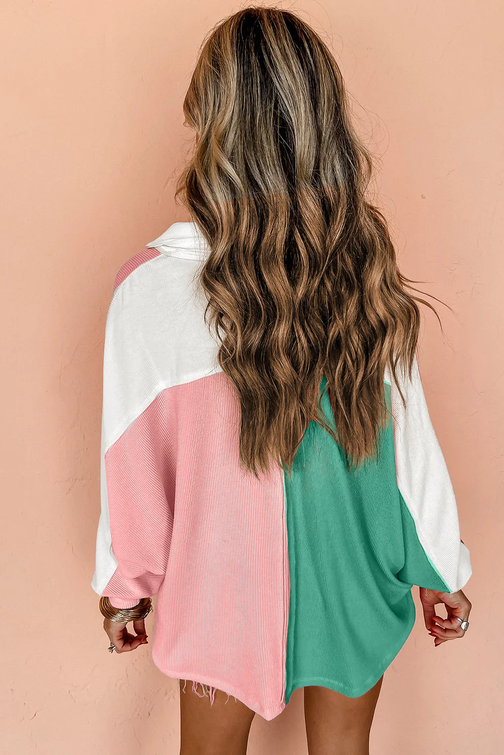 Pink Colorblock Ribbed Collared Oversized Sweatshirt