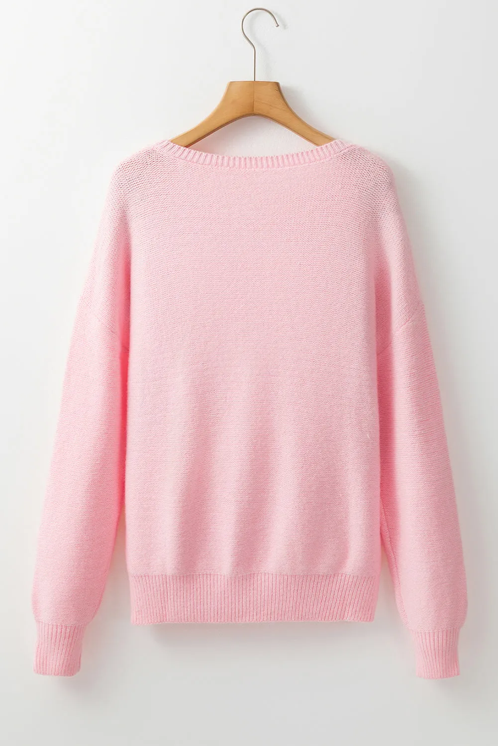 Pink Knitted Flower Pattern Ribbed Edge Sweater