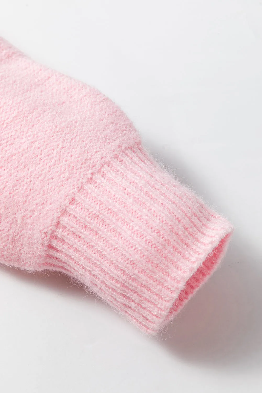 Pink Knitted Flower Pattern Ribbed Edge Sweater