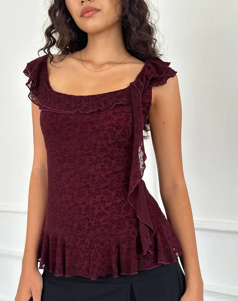 Piroli Top in Ditsy Floral Flock Burnt Maroon