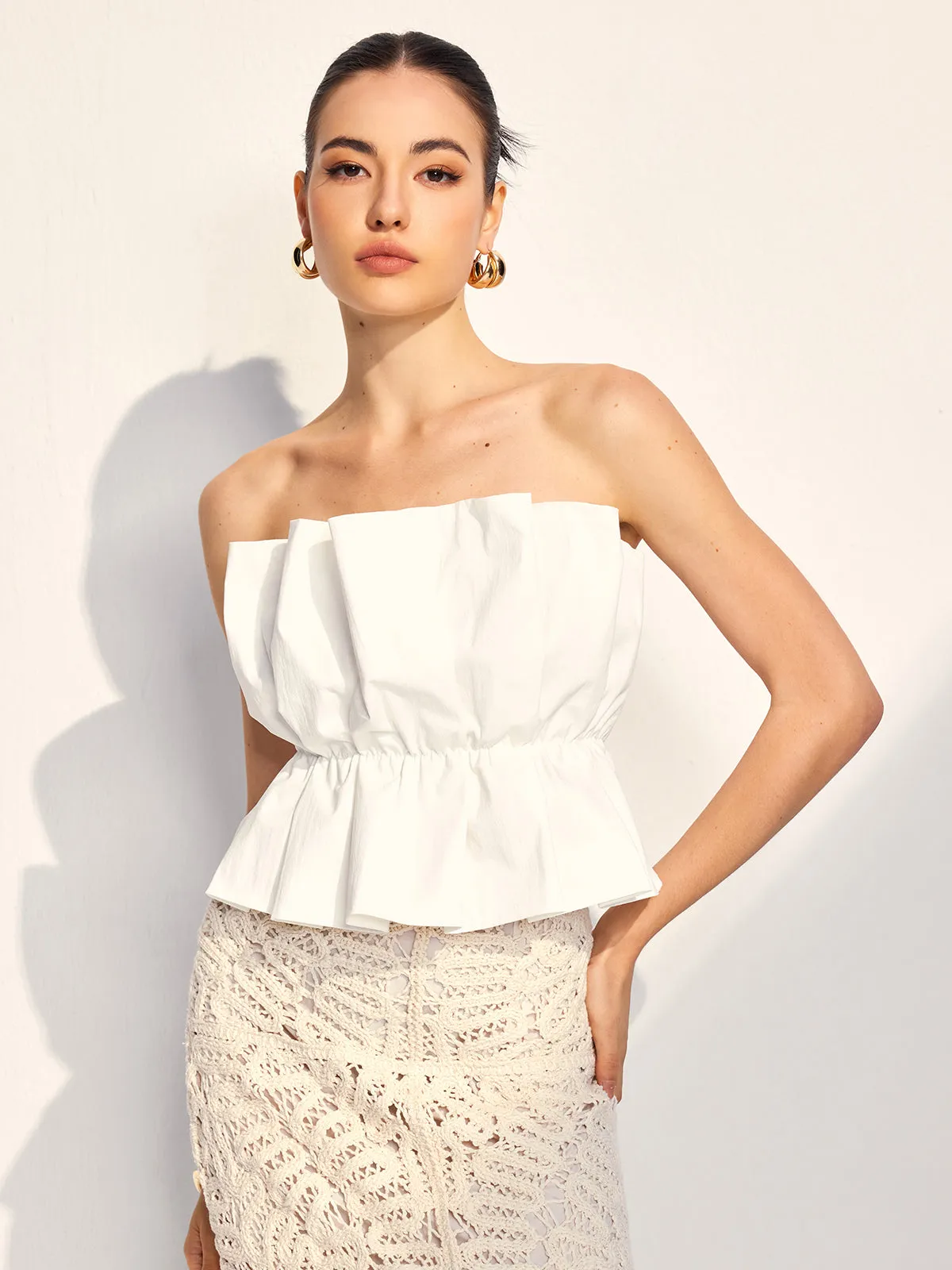 Pleated Ruffle Trim Tube Top