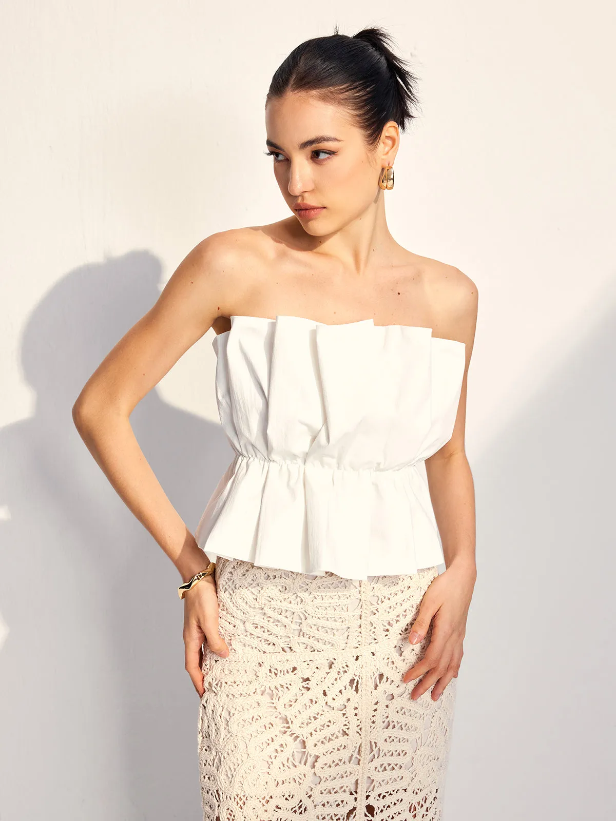 Pleated Ruffle Trim Tube Top