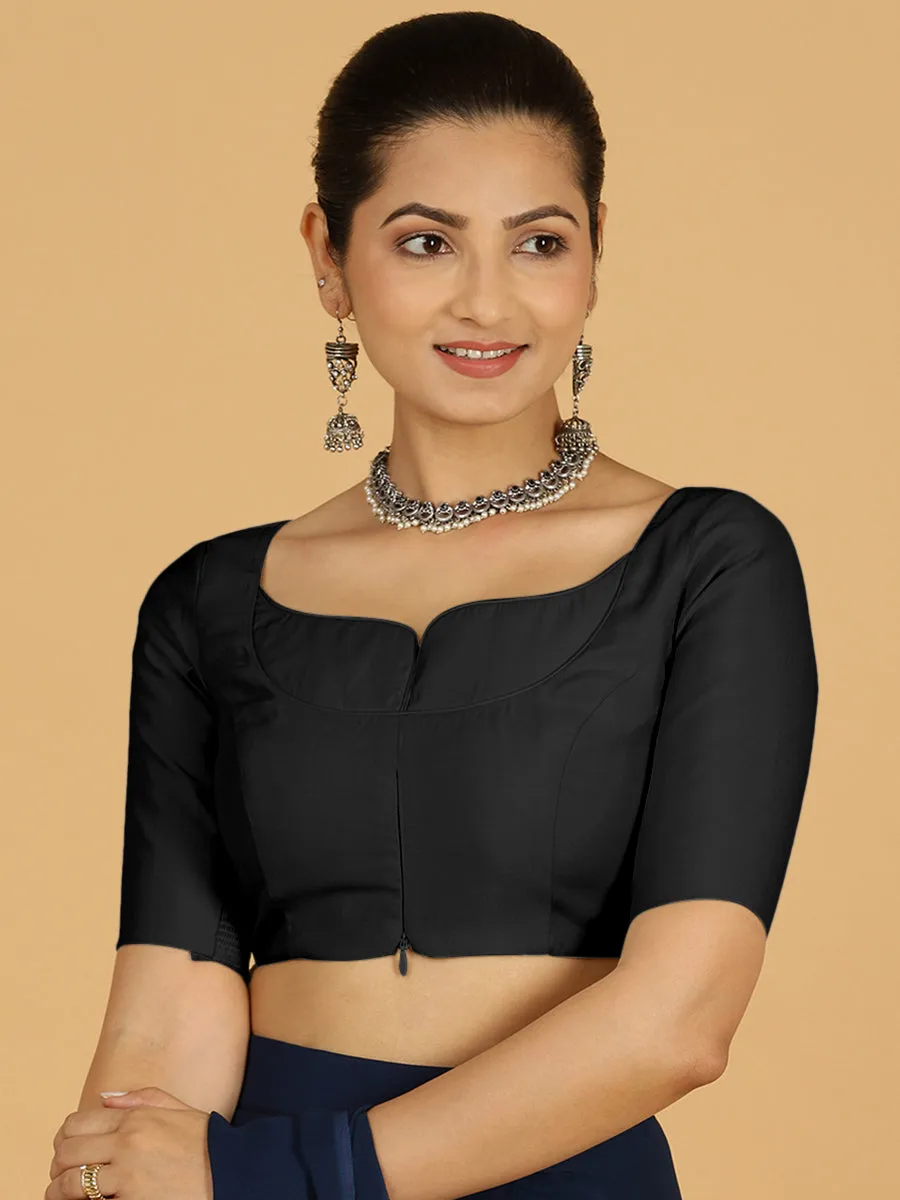 Priya x Rozaana | Elbow Sleeves Saree Blouse in Raven Black