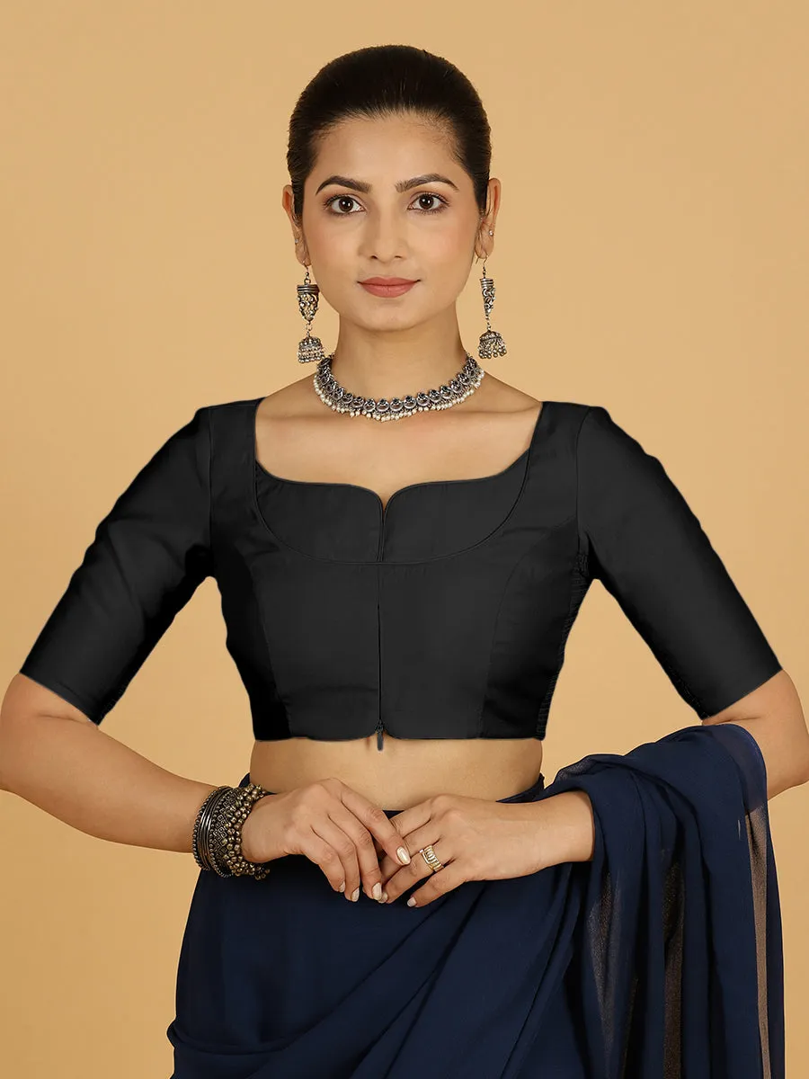 Priya x Rozaana | Elbow Sleeves Saree Blouse in Raven Black