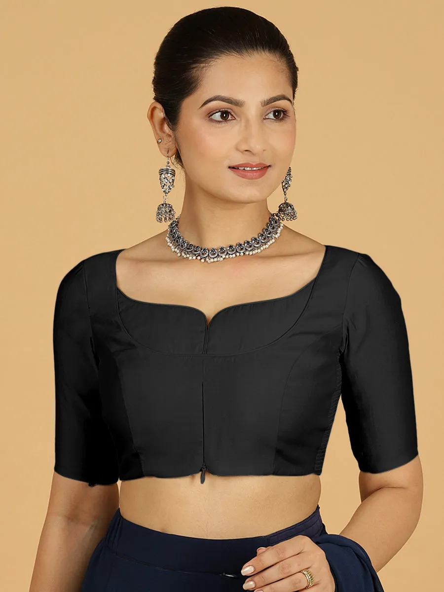 Priya x Rozaana | Elbow Sleeves Saree Blouse in Raven Black