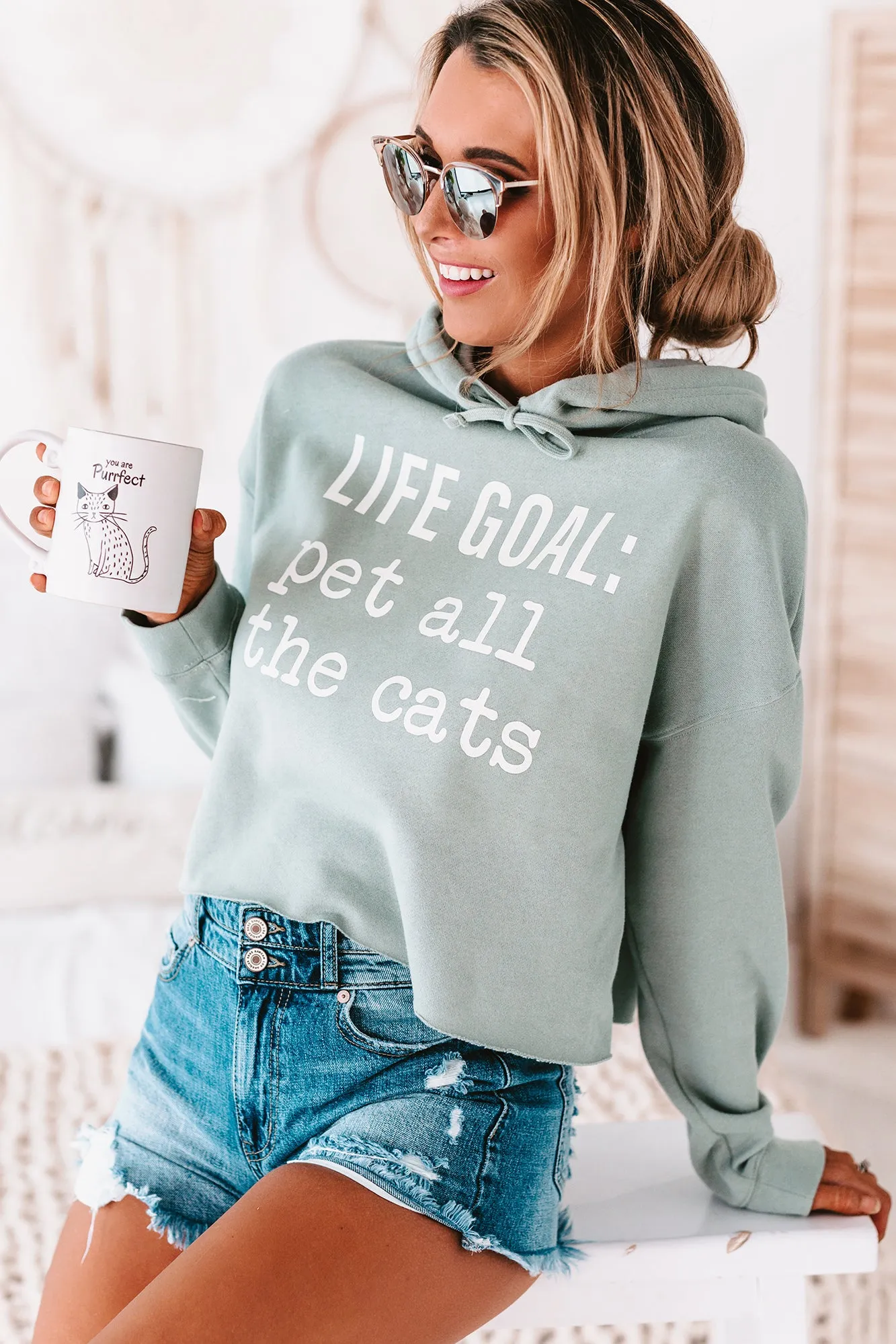 "Life Goal: Pet All The Cats" Cropped Graphic Hoodie (Sage) - Print On Demand