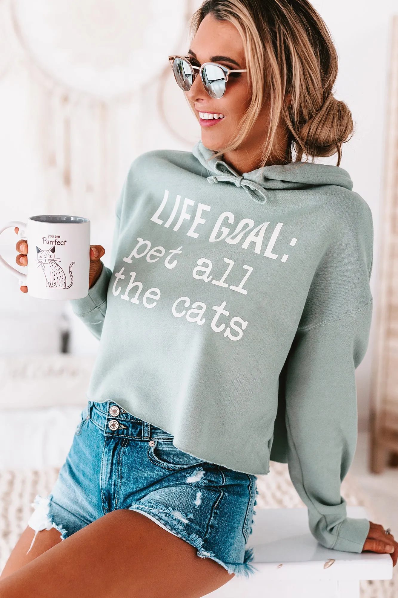 "Life Goal: Pet All The Cats" Cropped Graphic Hoodie (Sage) - Print On Demand