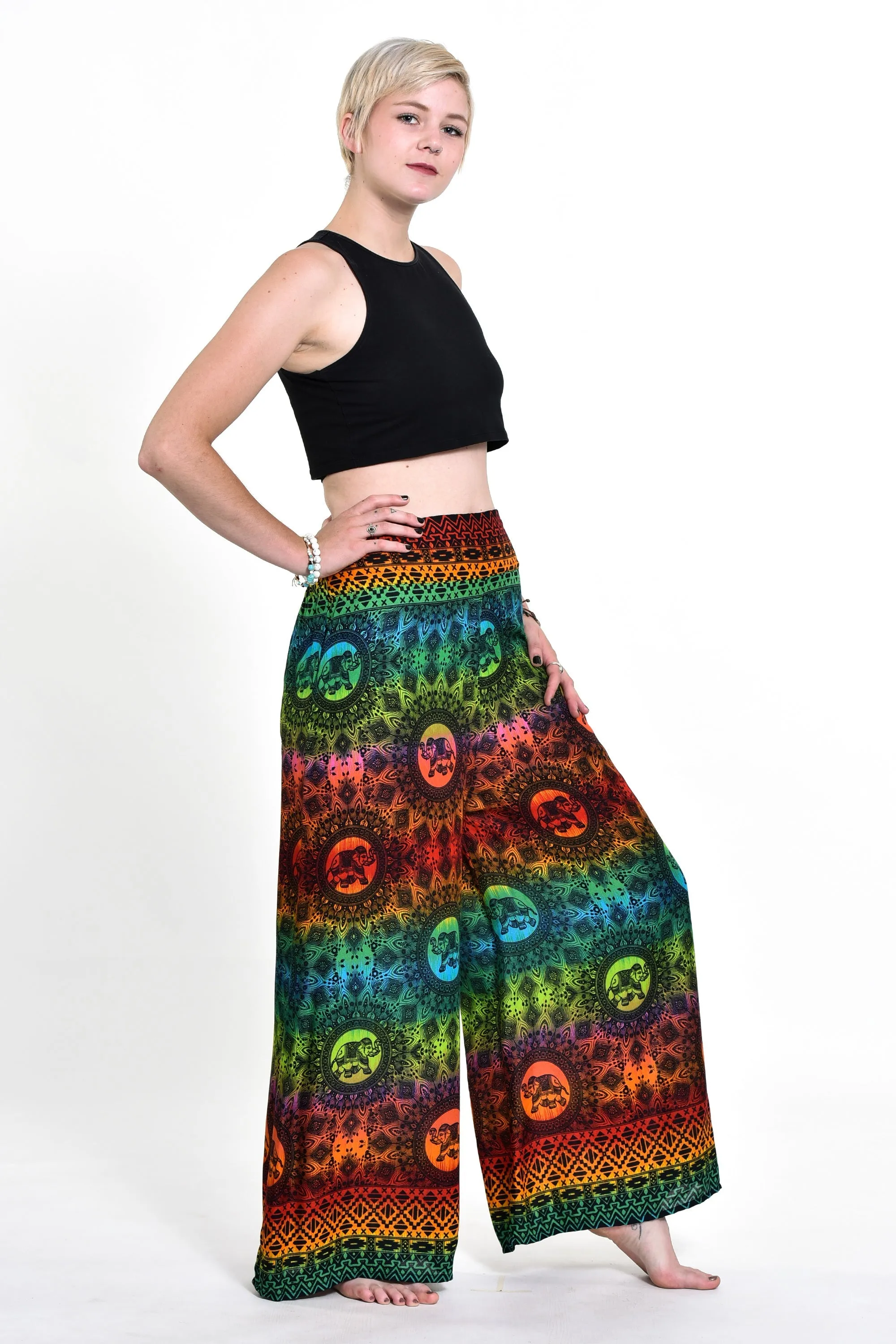 Rainbow Elephant Straight Cut Wide Leg Palazzo with Elastic Back Waistband in Orange