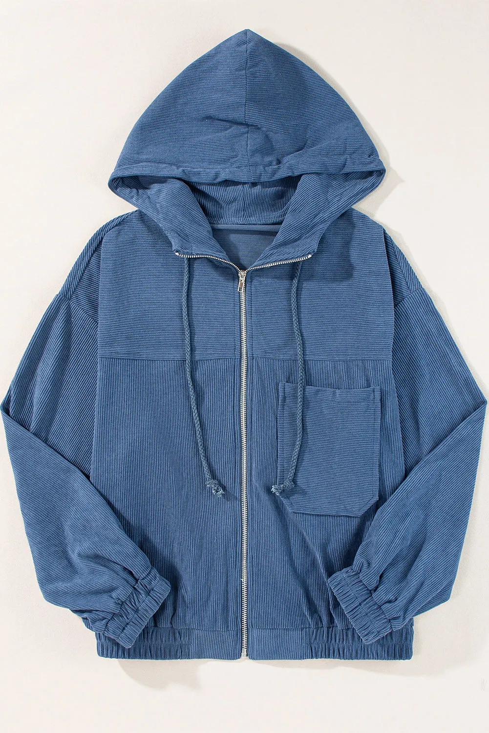 Real Teal Corduroy Drawstring Hooded Pocket Zip Up Jacket