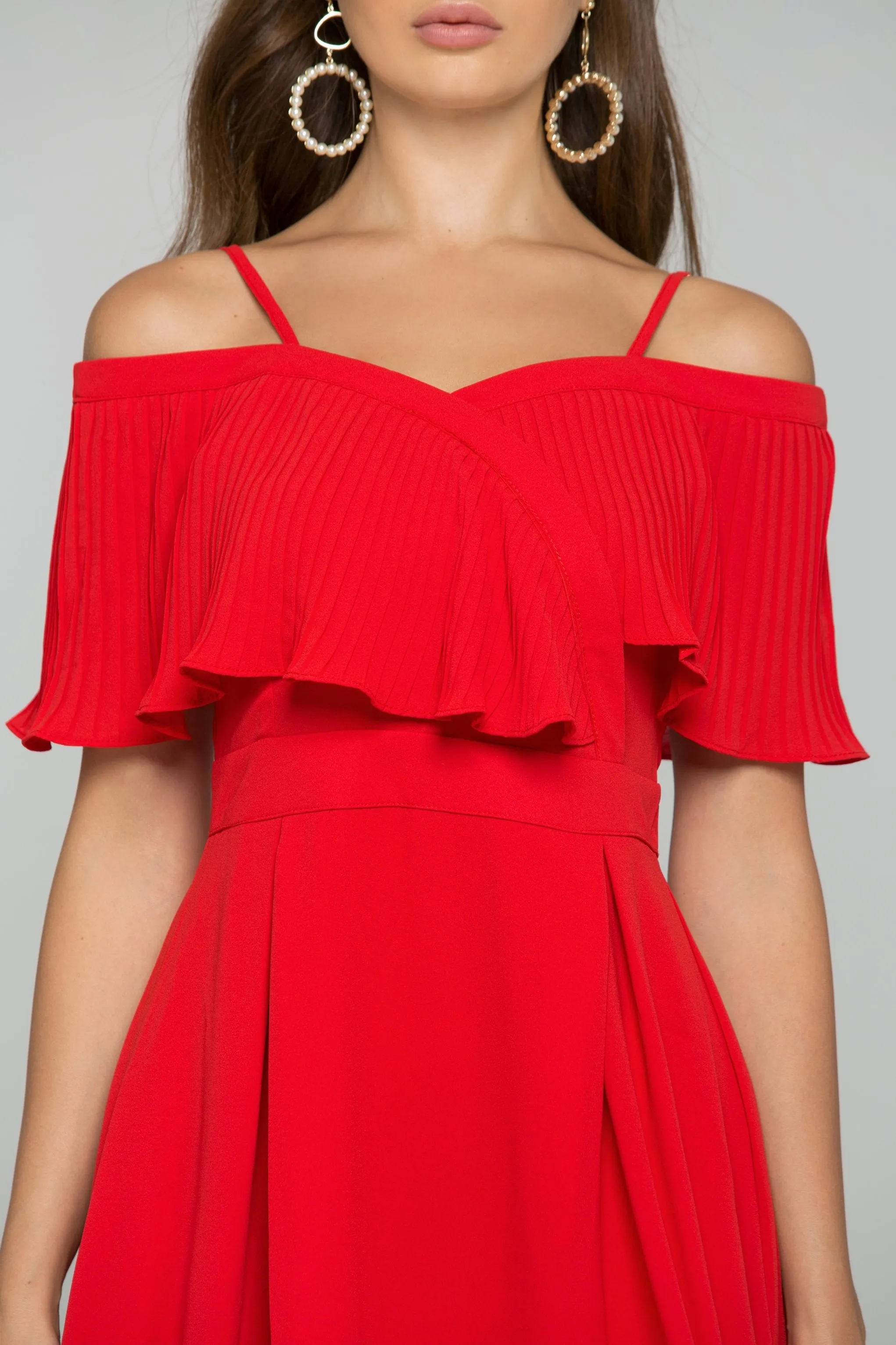 Red Spaghetti Strap Front Ribbed Ruffle Trim Mini Dress