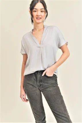 Reset By Jane V Neck Silky Fabric Short Sleeve Stand Up Collar Blouse "Esme"