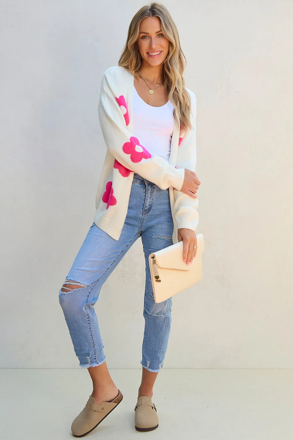 Rose Red Flower Pattern Open Front Cardigan