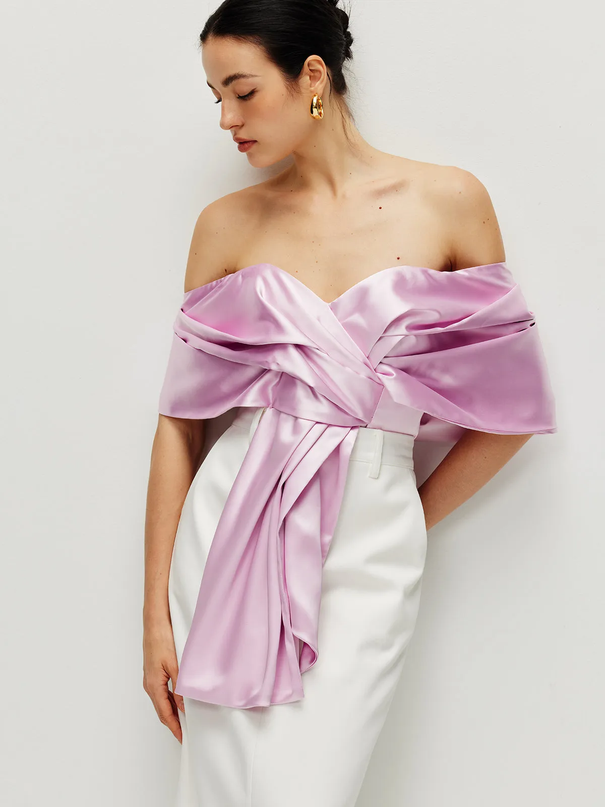 Satin Pleated Off Shoulder Top