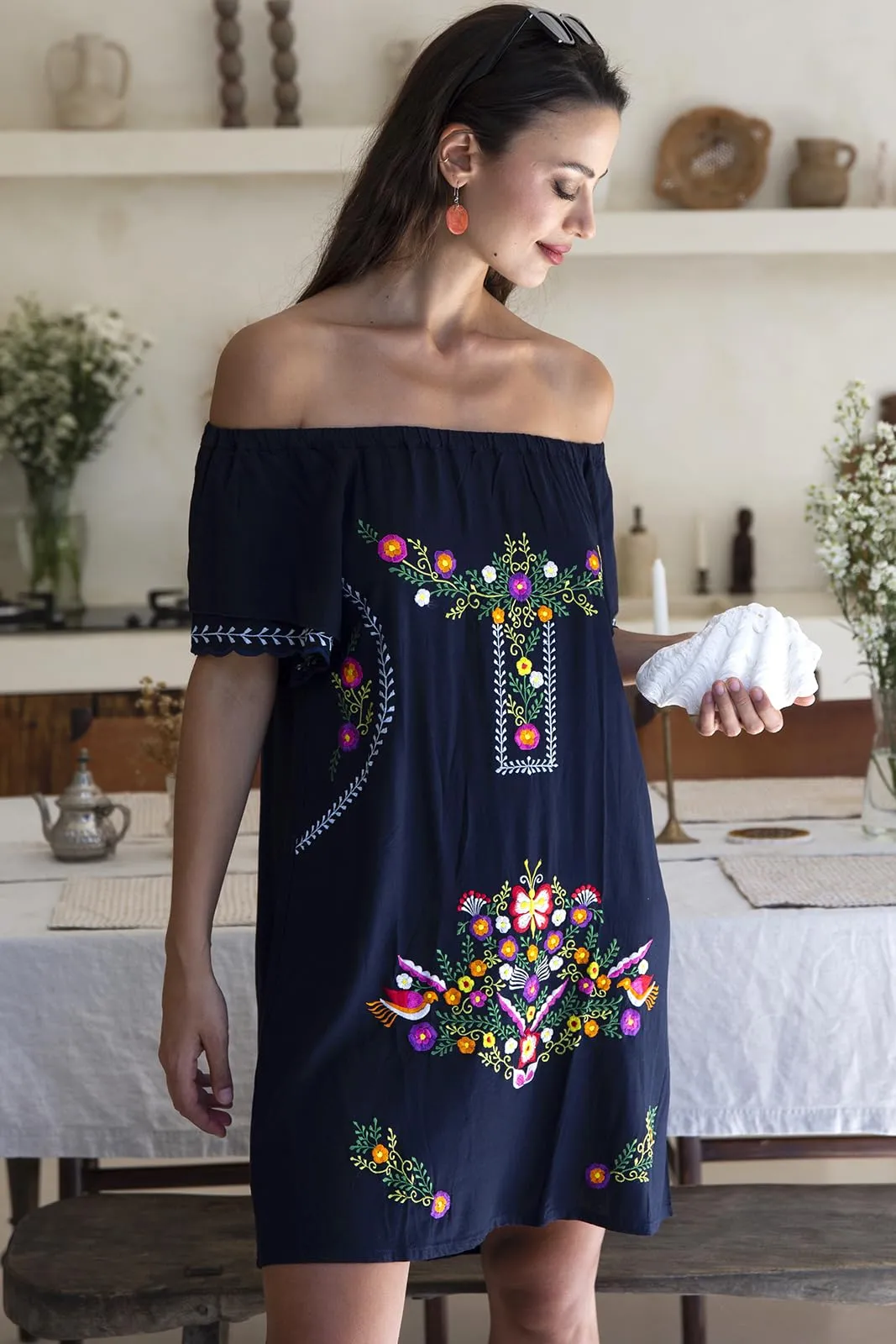 Short Off Shoulder Embroidery Tunic Dress