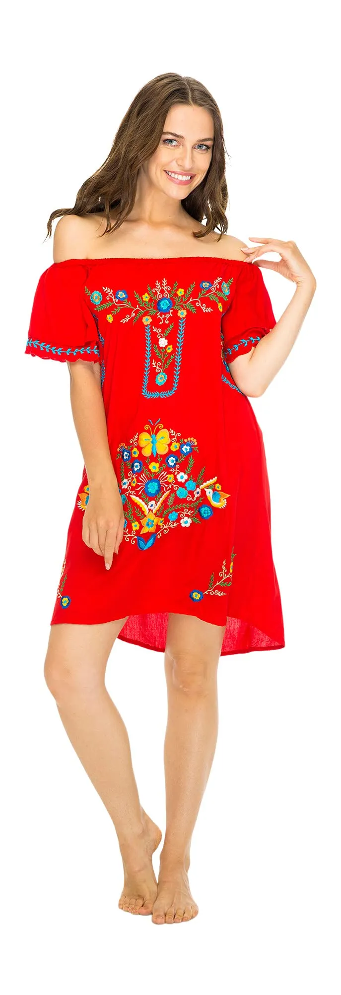 Short Off Shoulder Embroidery Tunic Dress