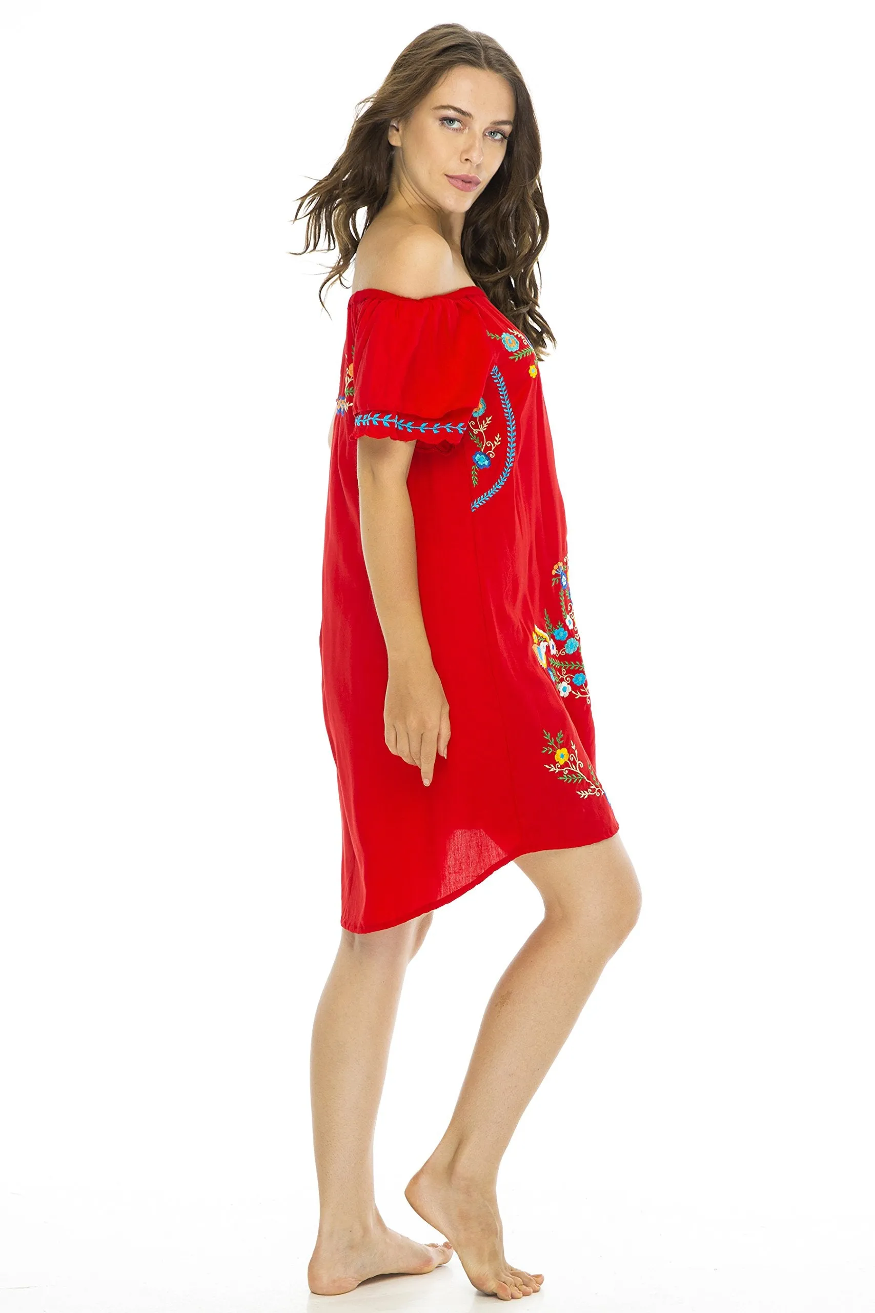 Short Off Shoulder Embroidery Tunic Dress