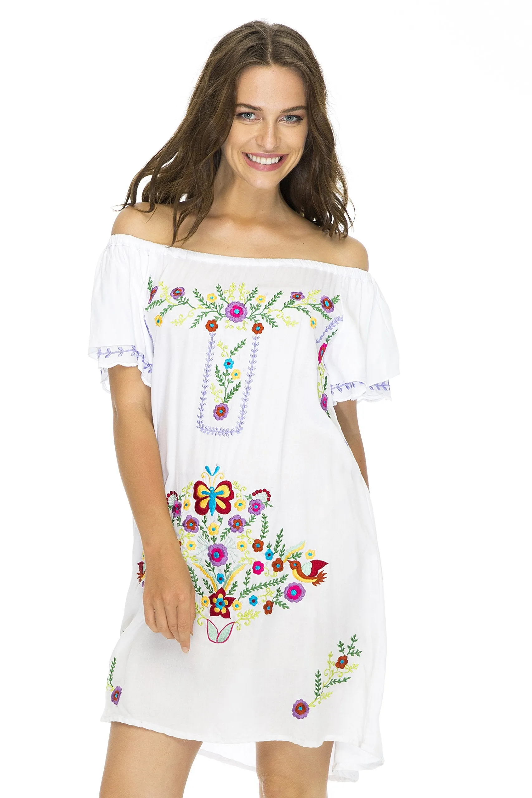 Short Off Shoulder Embroidery Tunic Dress