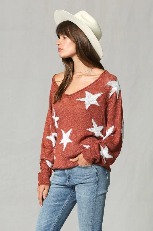 Star Print Wide V Neck Top