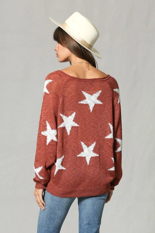 Star Print Wide V Neck Top