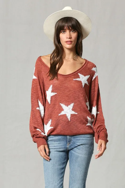 Star Print Wide V Neck Top