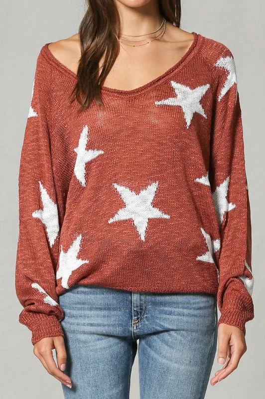 Star Print Wide V Neck Top