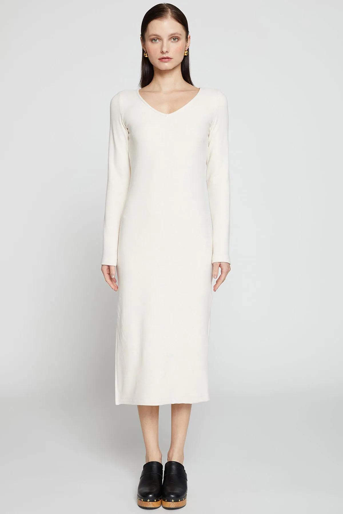 Stateside Honeyluxe Flatback Rib Double V-Neck Dress in Cream