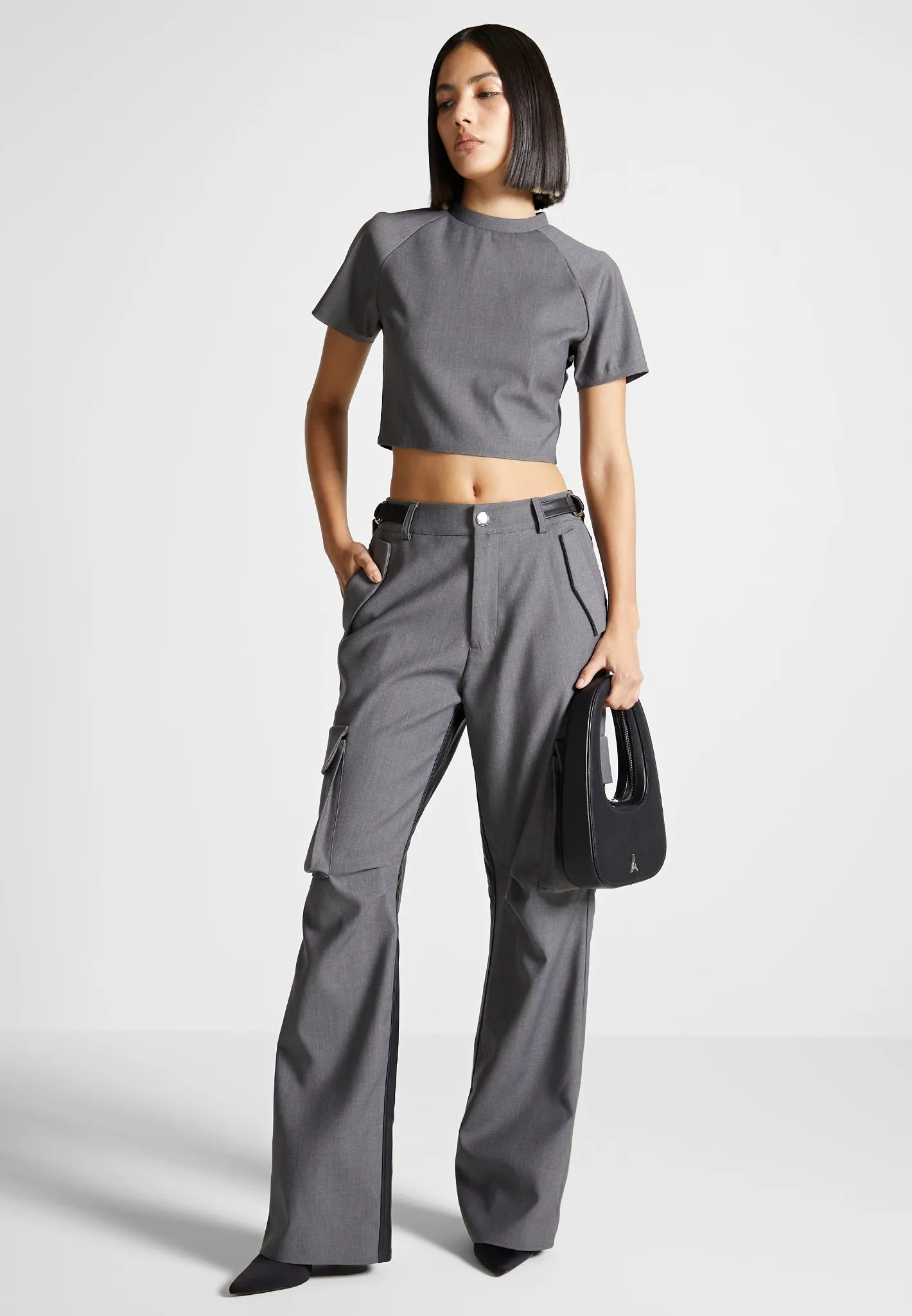 Tailored Mock Neck Top - Grey/Black