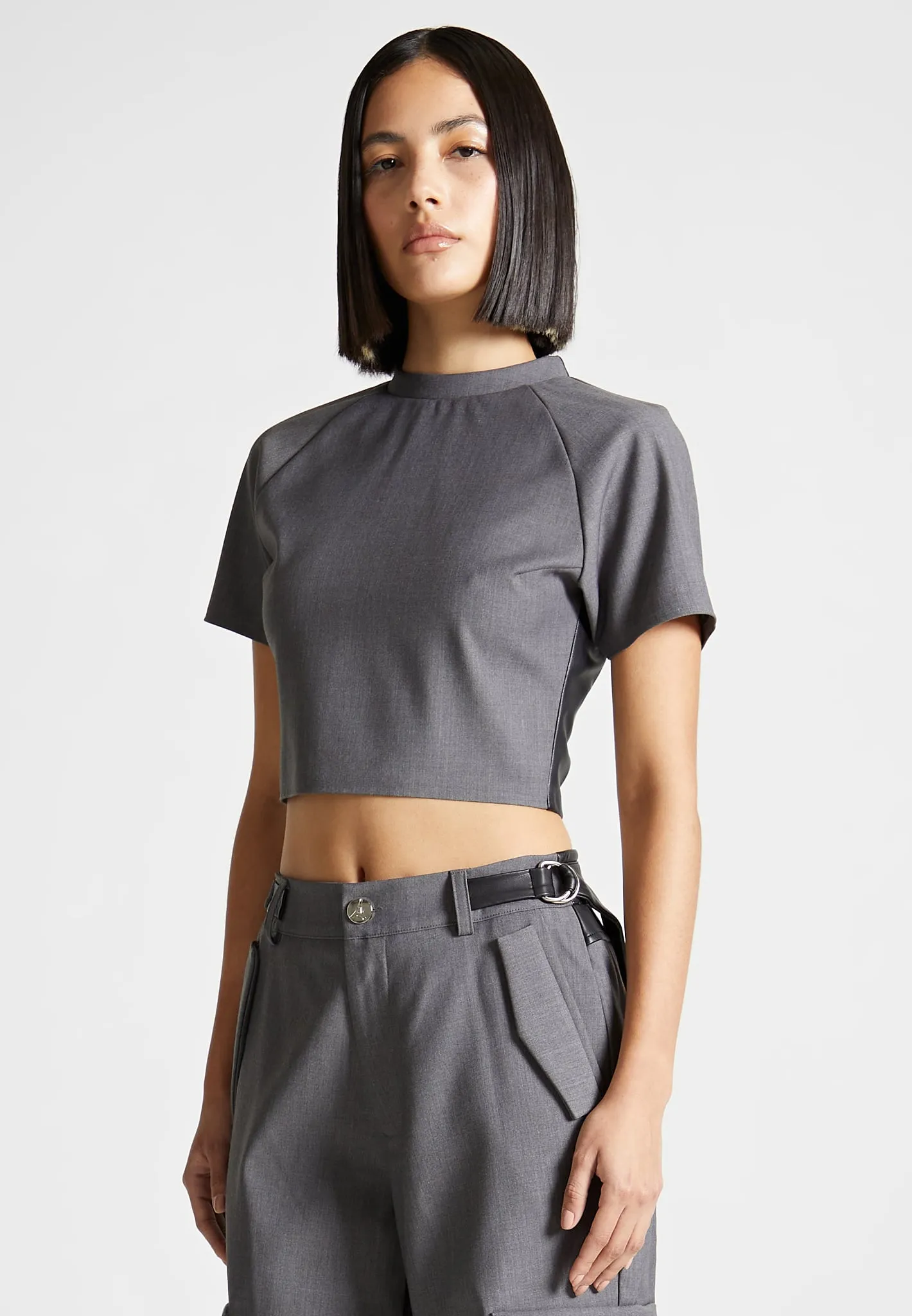 Tailored Mock Neck Top - Grey/Black