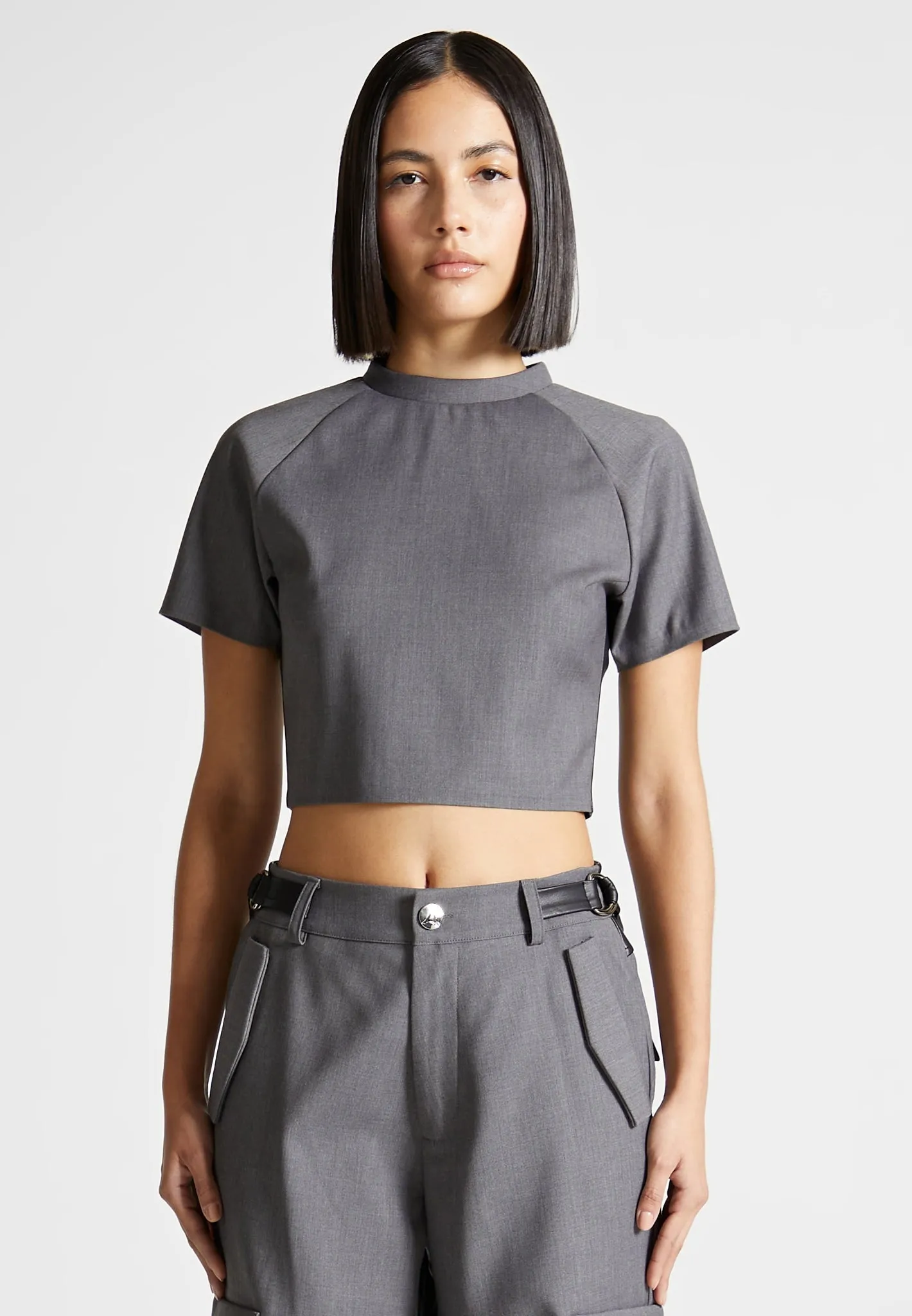 Tailored Mock Neck Top - Grey/Black