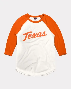 Texas Baseball Script White & Orange Raglan