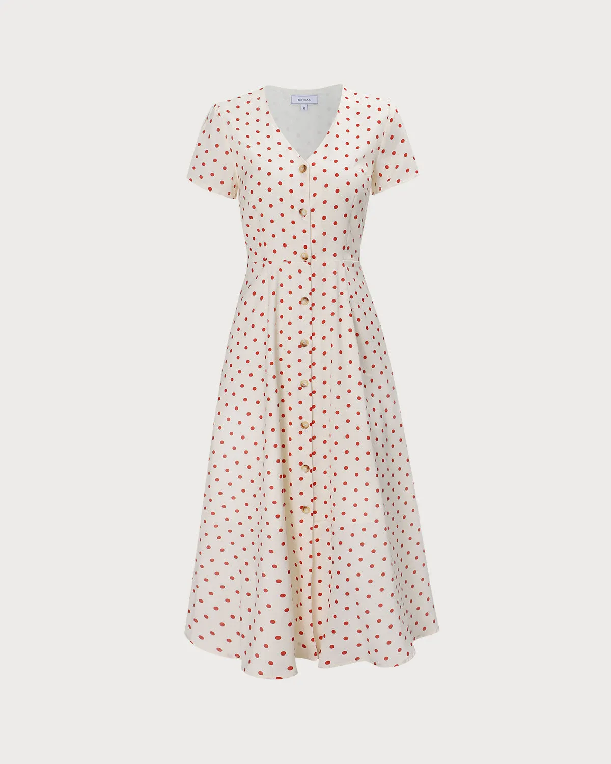 The Beige V Neck Polka Dot Button Midi Dress