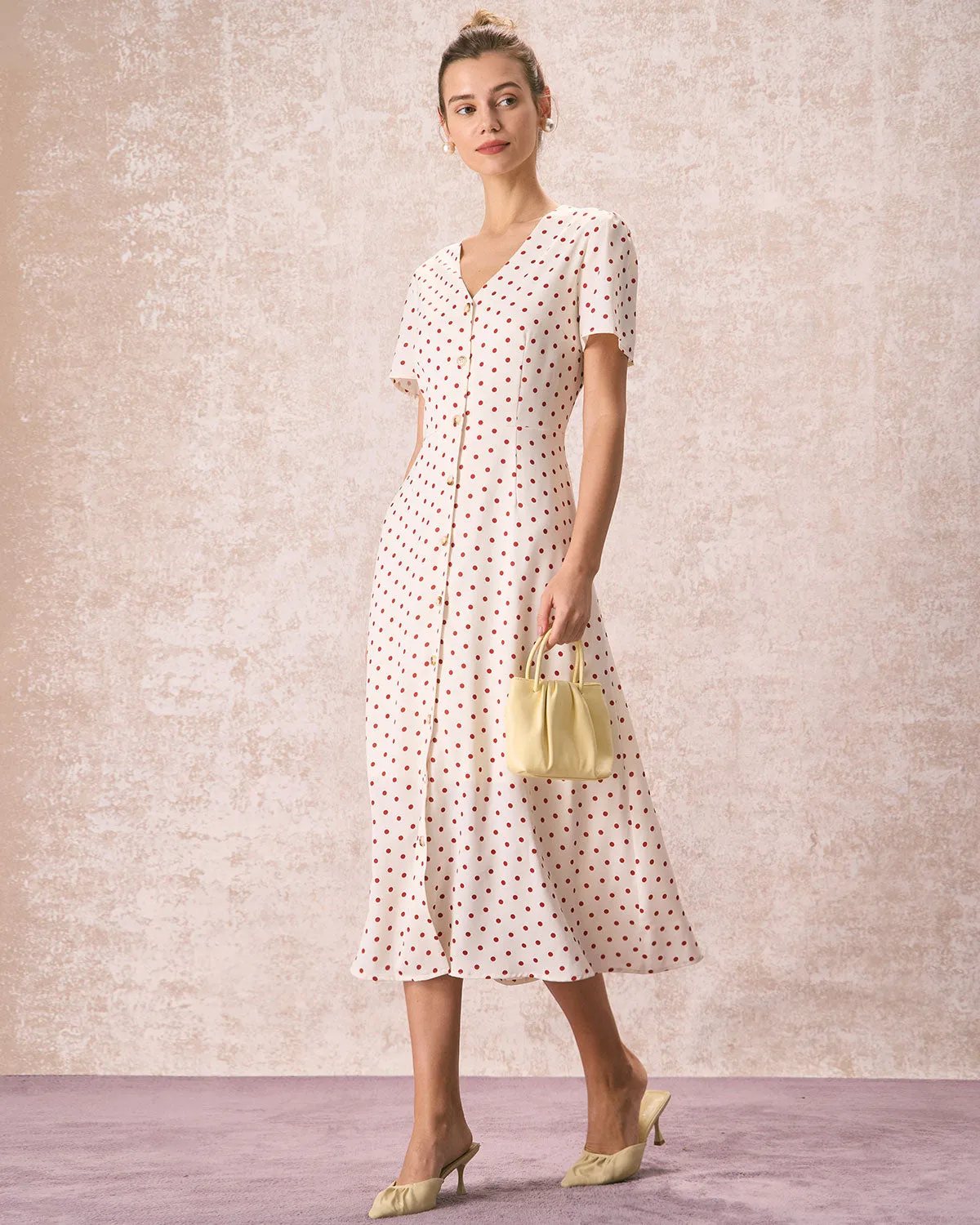 The Beige V Neck Polka Dot Button Midi Dress