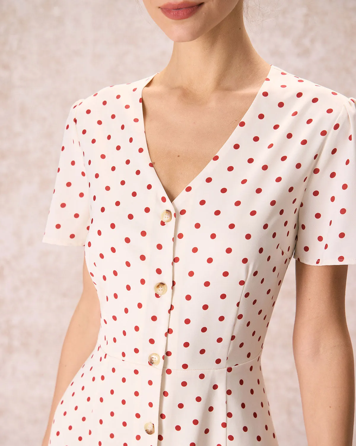 The Beige V Neck Polka Dot Button Midi Dress