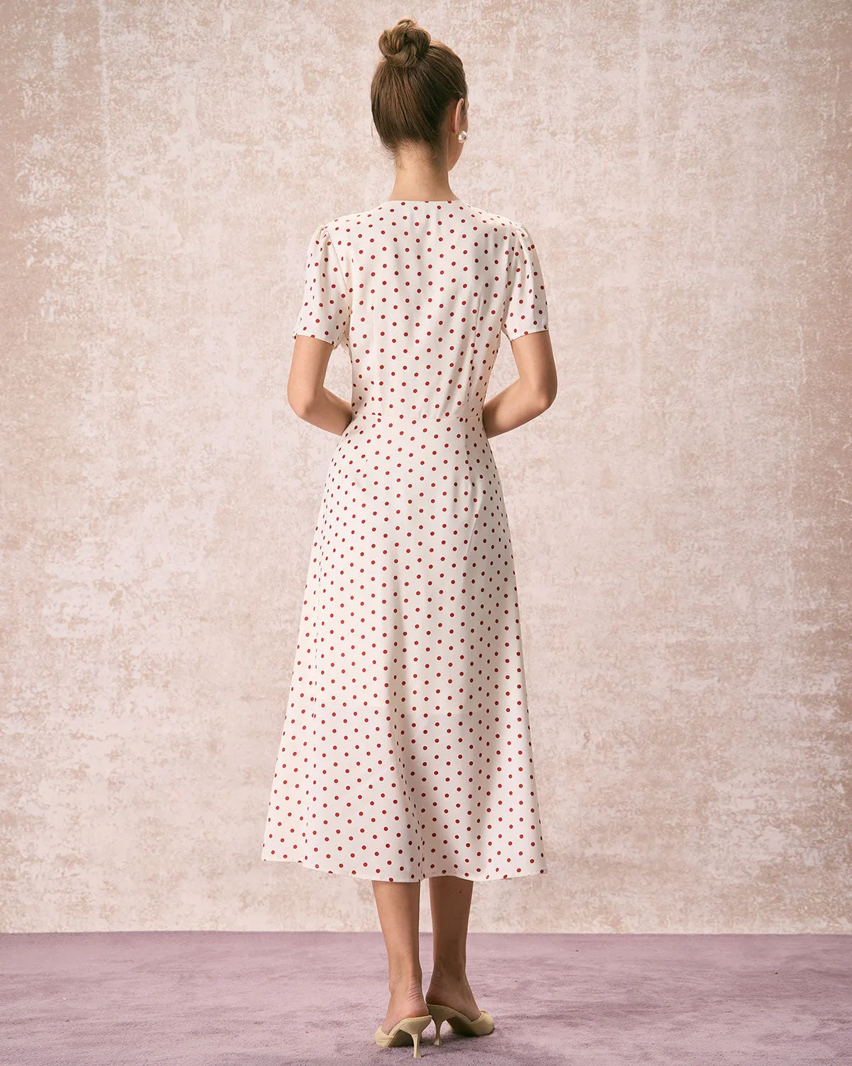 The Beige V Neck Polka Dot Button Midi Dress