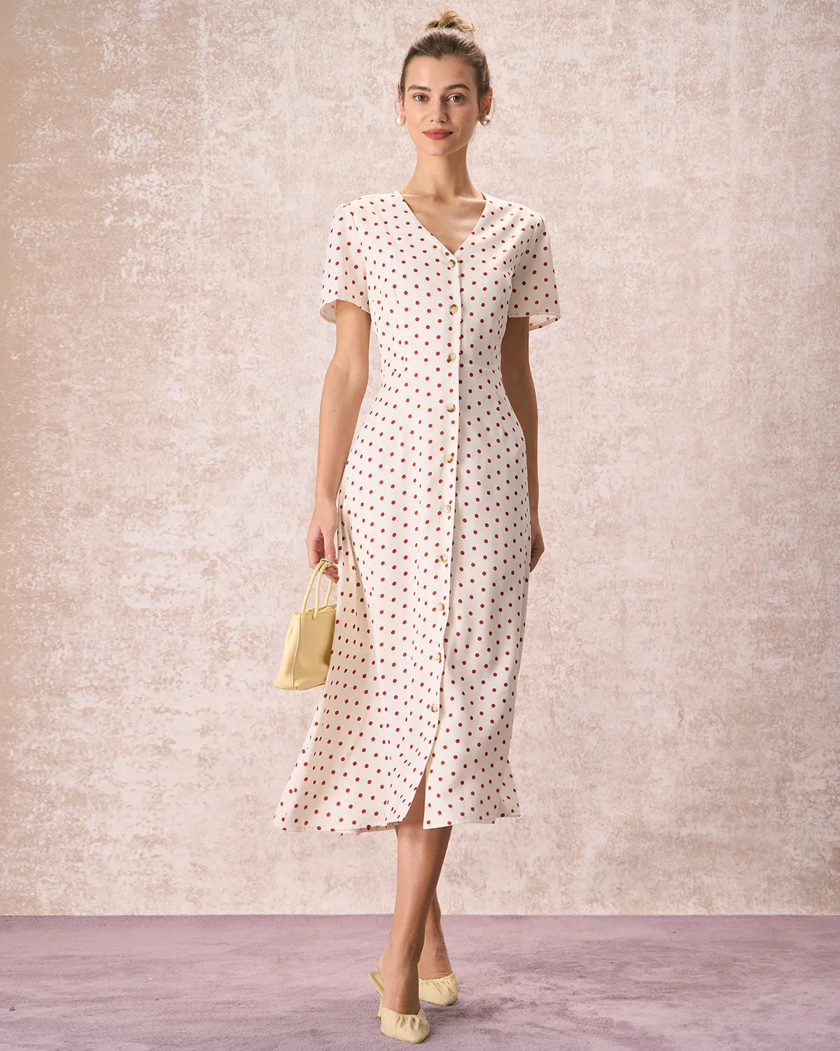 The Beige V Neck Polka Dot Button Midi Dress