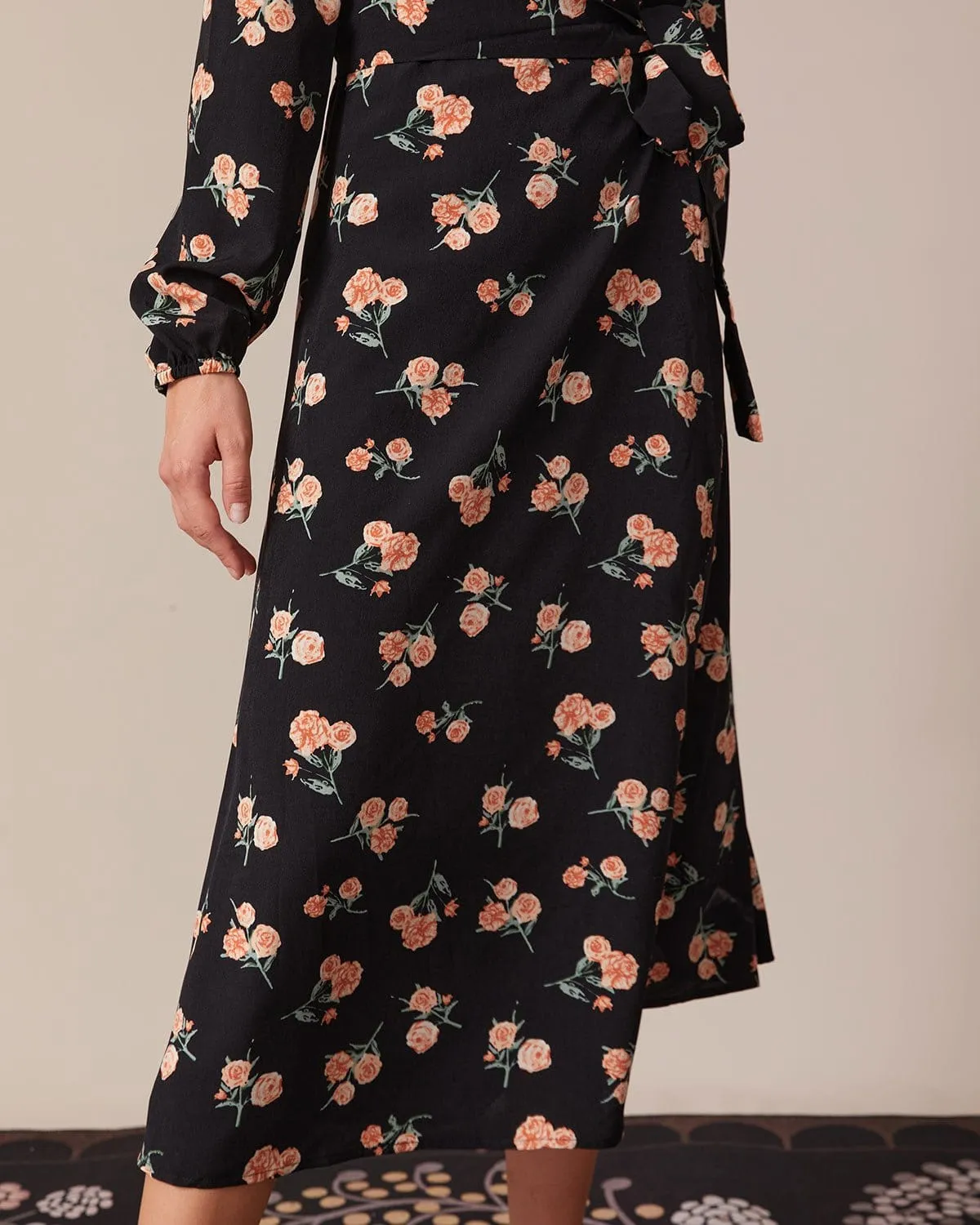 The Black V Neck Floral Wrap Midi Dress