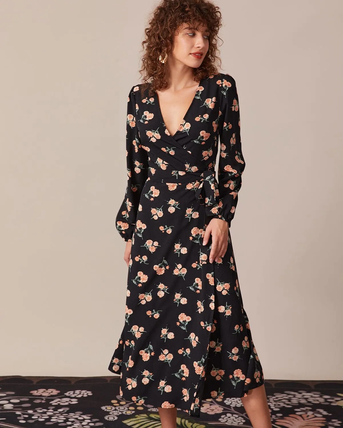 The Black V Neck Floral Wrap Midi Dress